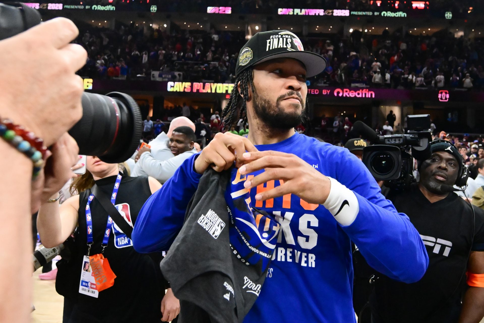 New York Knicks guard Jalen Brunson (11) looks on after defeating the Cleveland Cavaliers in game four of the eastern conference finals for the 2026 NBA playoffs at Rocket Arena.