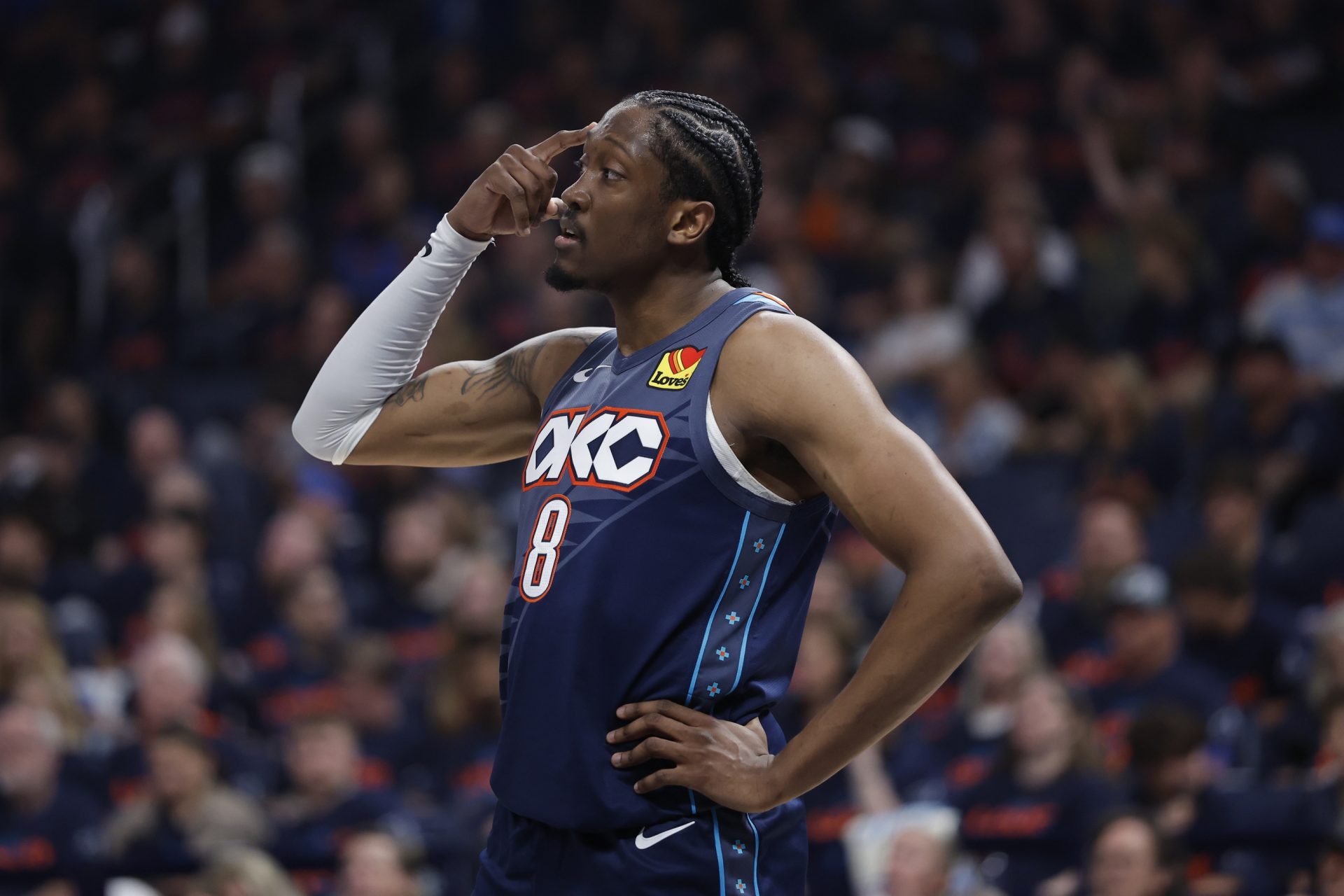 Oklahoma City Thunder guard Jalen Williams (8) gestures to his team before a play against the Phoenix Suns in the first half during game two of the first round of the 2026 NBA Playoffs at Paycom Center - Source: Imagn Images