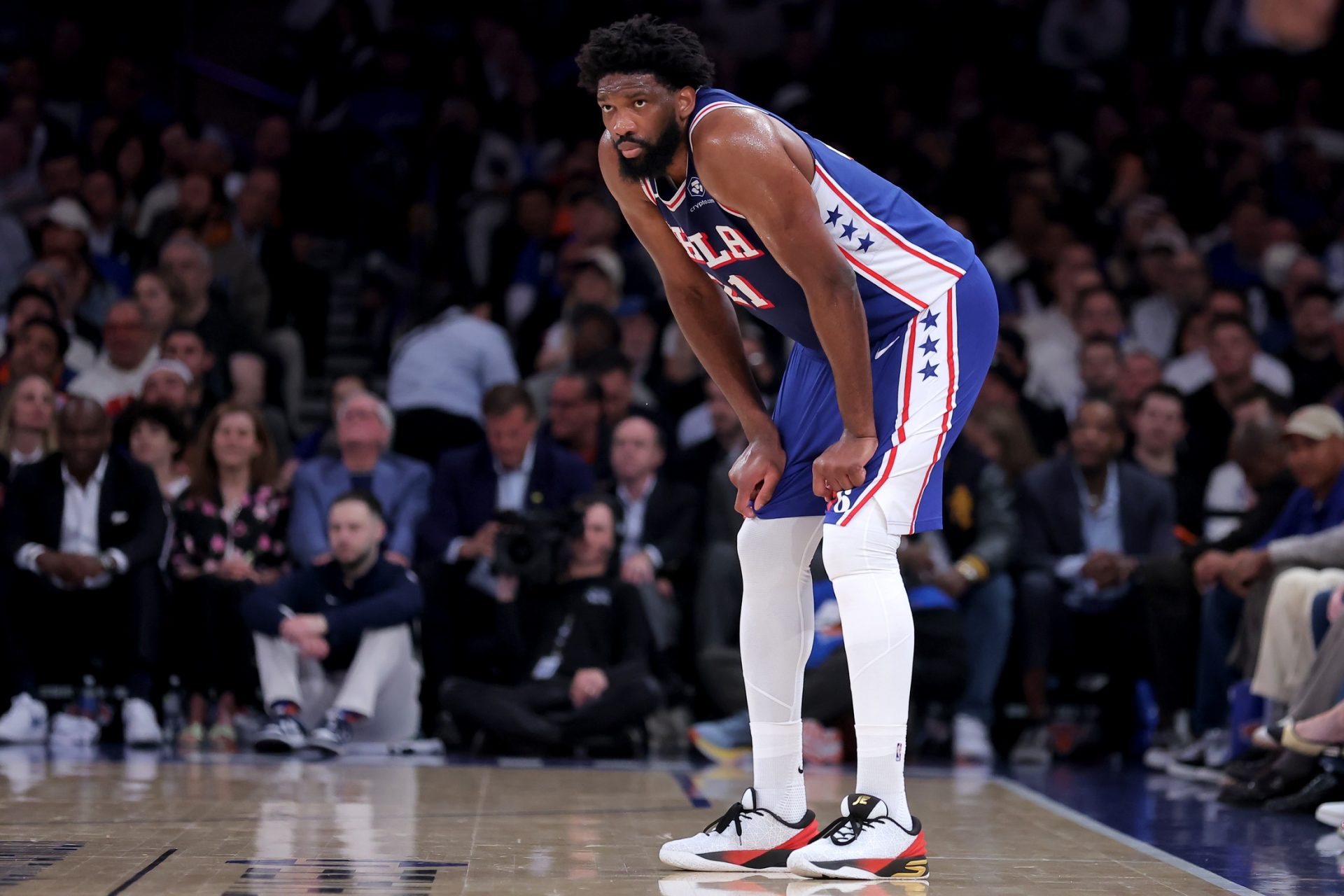 Philadelphia 76ers center Joel Embiid (21) reacts during the first quarter of game one of the eastern conference semifinal round of the 2026 NBA Playoffs against the New York Knicks at Madison Square Garden - Source: Imagn Images