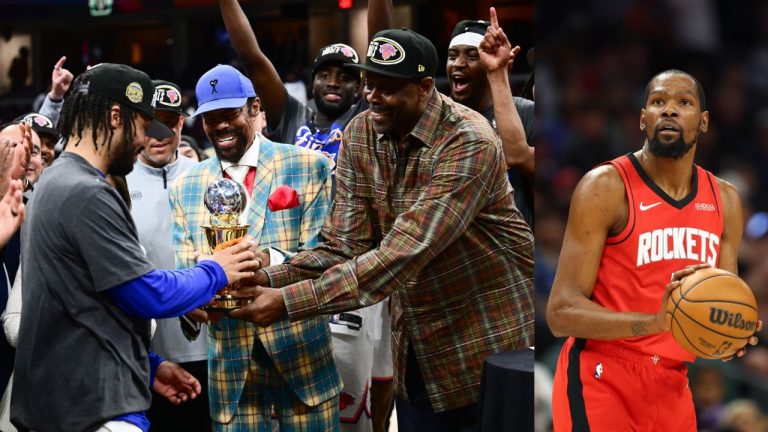 Jalen Brunson receiving EC Finals MVP award and Kevin Durant - Source: Imagn Images