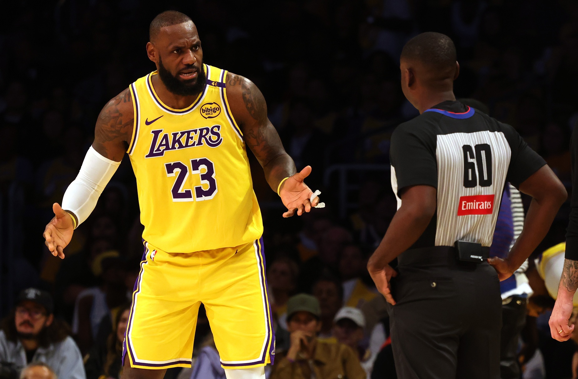 Los Angeles Lakers forward LeBron James (23) argues with NBA referee James Williams (60) during the first quarter against the Minnesota Timberwolves at Crypto.com Arena - Source: Imagn Images