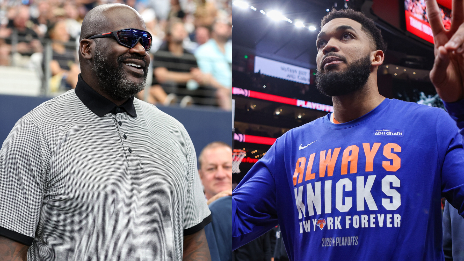 Shaquille O'Neal and Karl-Anthony Towns - Source: Imagn