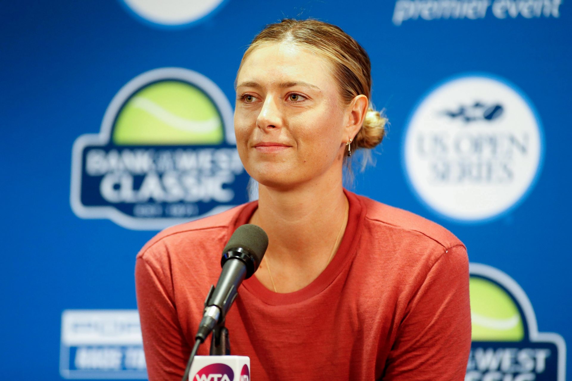 Maria Sharapova (RUS) conducts a post game interview after defeating Jennifer Brady (USA) in the Bank of the West Classic tennis tournament at Stanford University.