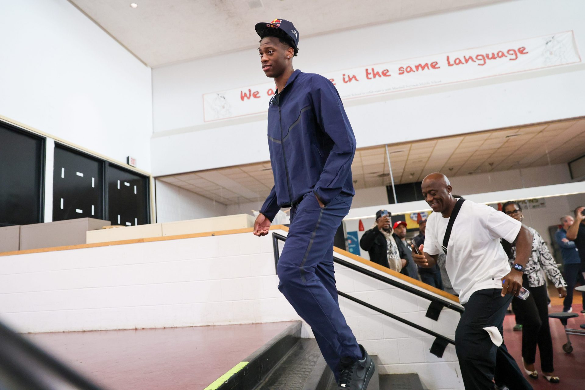 Brockton's AJ Dybantsa takes the stage before declaring for the 2026 NBA Draft at Davis School (K-8) in Brockton on Thursday, April 23, 2026 - Source: Imagn Images