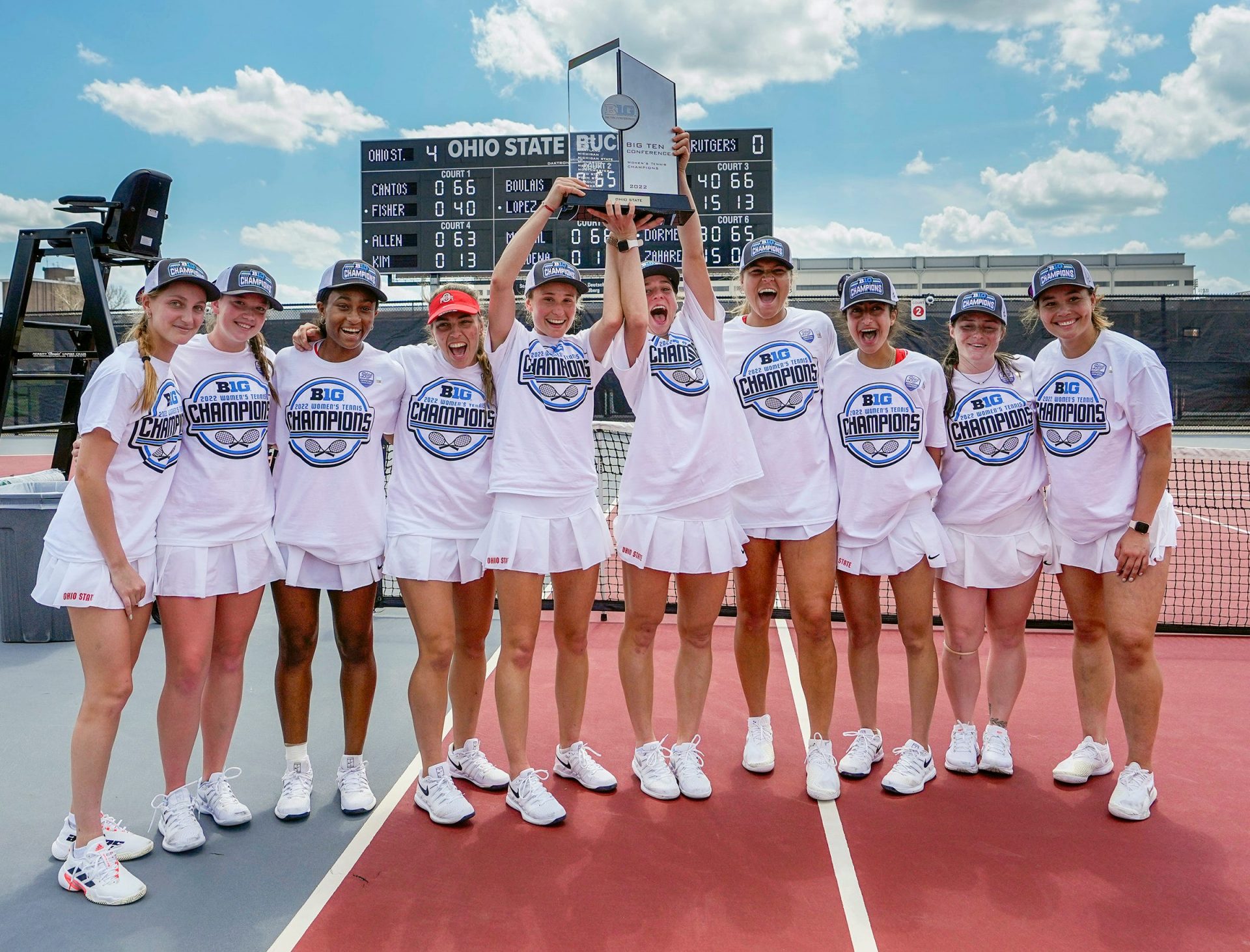The Ohio State Buckeyes women's tennis team celebrate winning the Big Ten Conference title after defeating the Rutgers Scarlet Knights in Columbus on April 24, 2022. The Buckeyes finished the Big Ten season 11-0.

Ncaa Tennis Rutgers Scarlet Knights At Ohio State Buckeyes