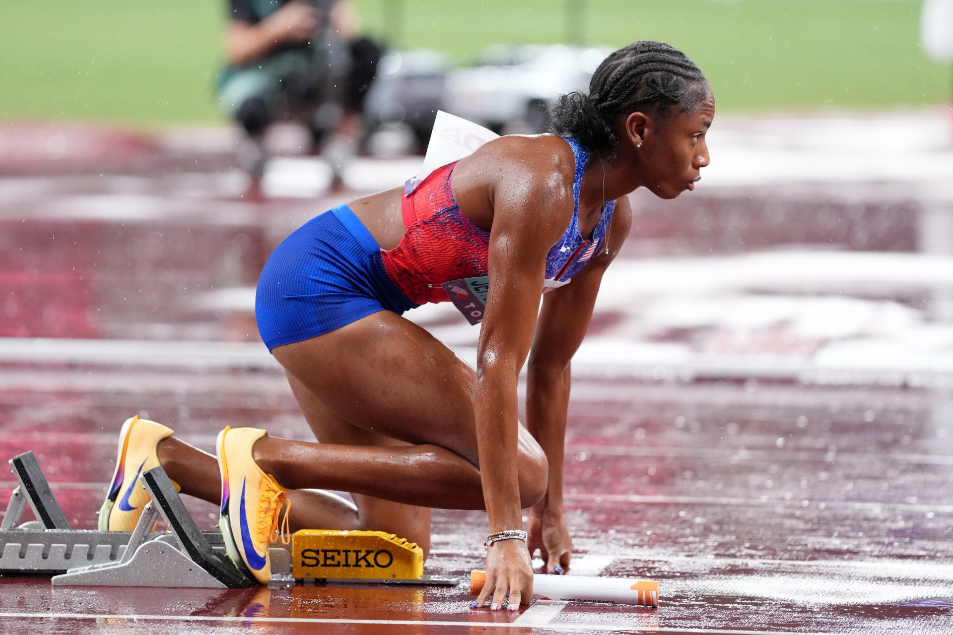 Melissa Jefferson-Wooden (USA) prepares to start the womens 4x100m relay final at National Stadium.
