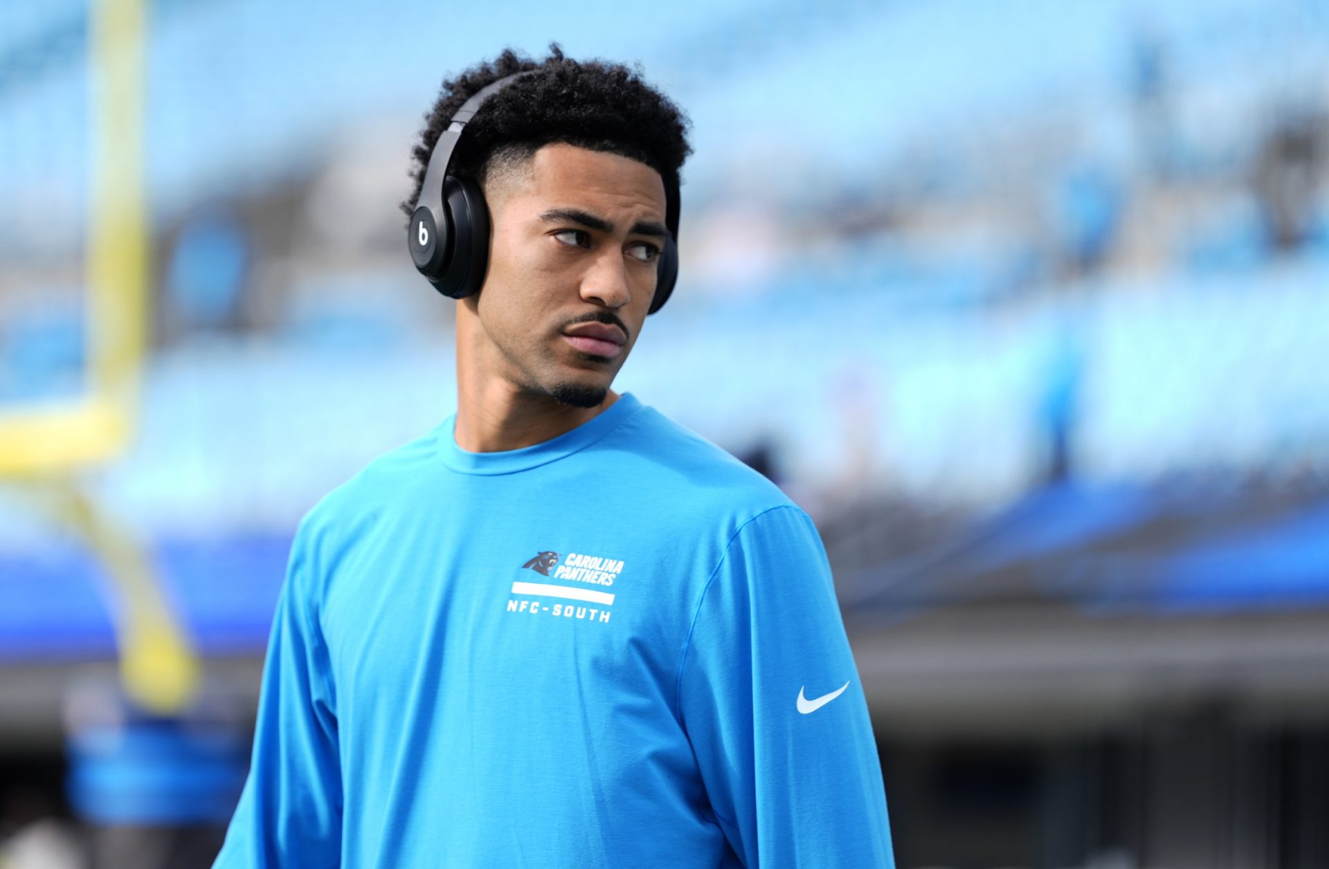 Carolina Panthers quarterback Bryce Young (9) warms up before a game against the Tampa Bay Buccaneers at Bank of America Stadium.