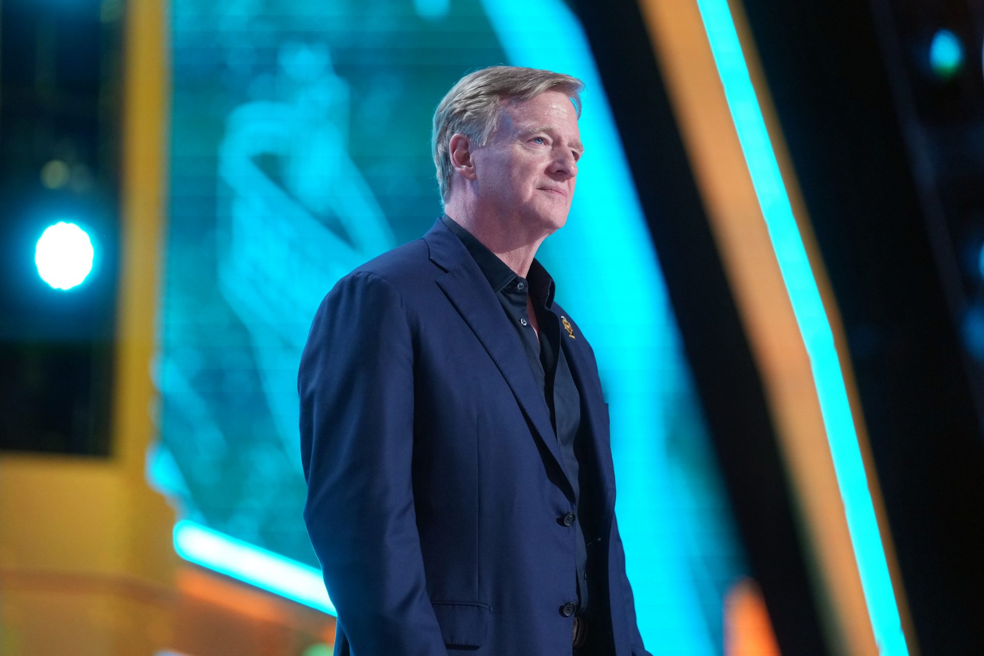 NFL commissioner Roger Goodell is introduced during the 2026 NFL Draft at Acrisure Stadium.