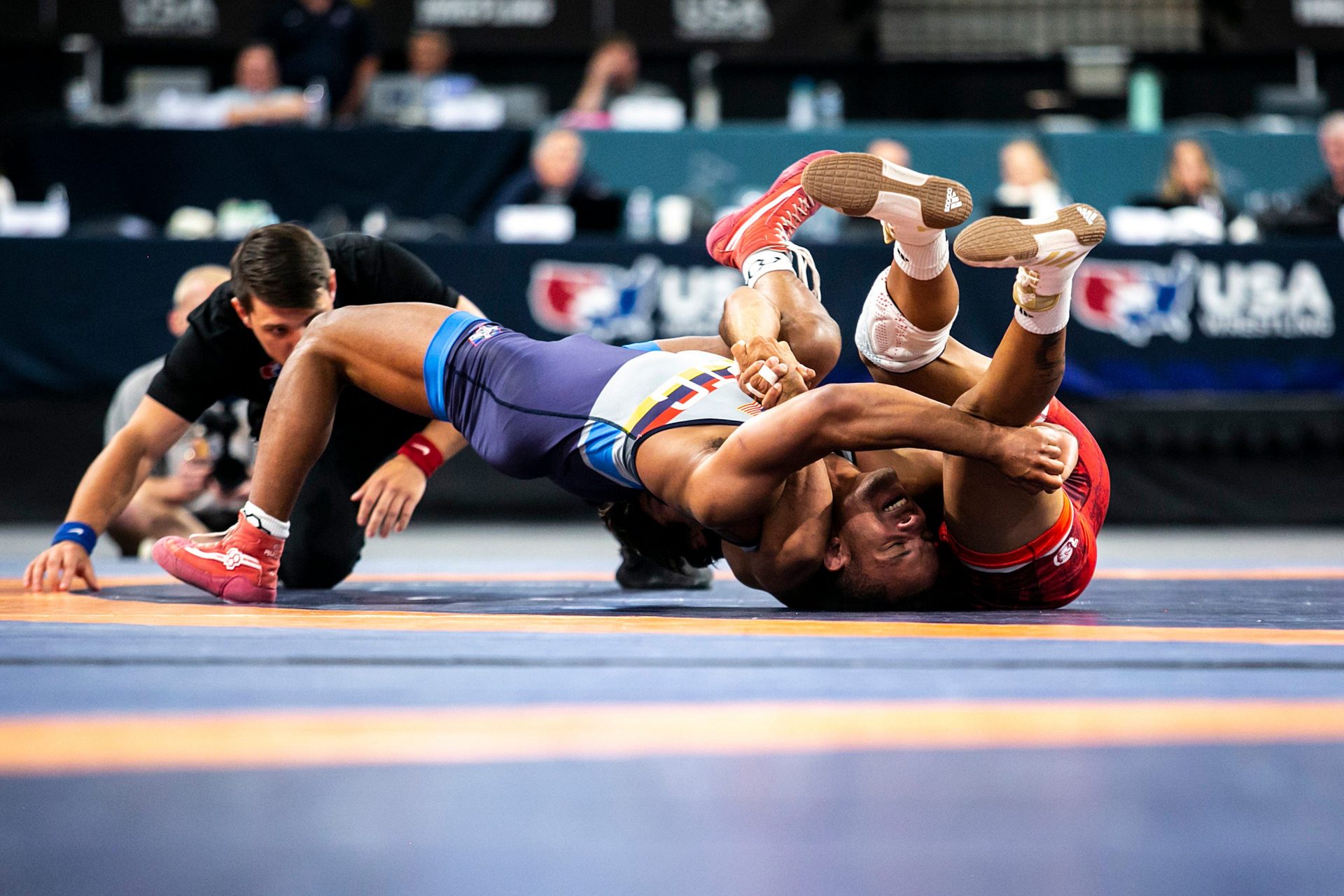 Zahid Valencia, left, wrestles Mark Hall at 86 kg during the final session of the USA Wrestling World Team Trials Challenge Tournament, Sunday, May 22, 2022, at Xtream Arena in Coralville, Iowa.

220522 World Team Wr 4 025 Jpg