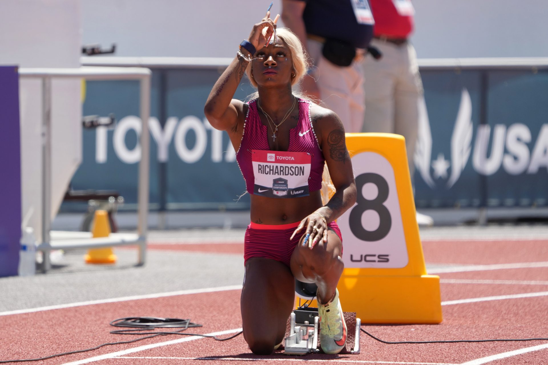 Sha'Carri Richardson gestures in the starting blocks of a women's 200m heat during the USA Championships at Hayward Field.