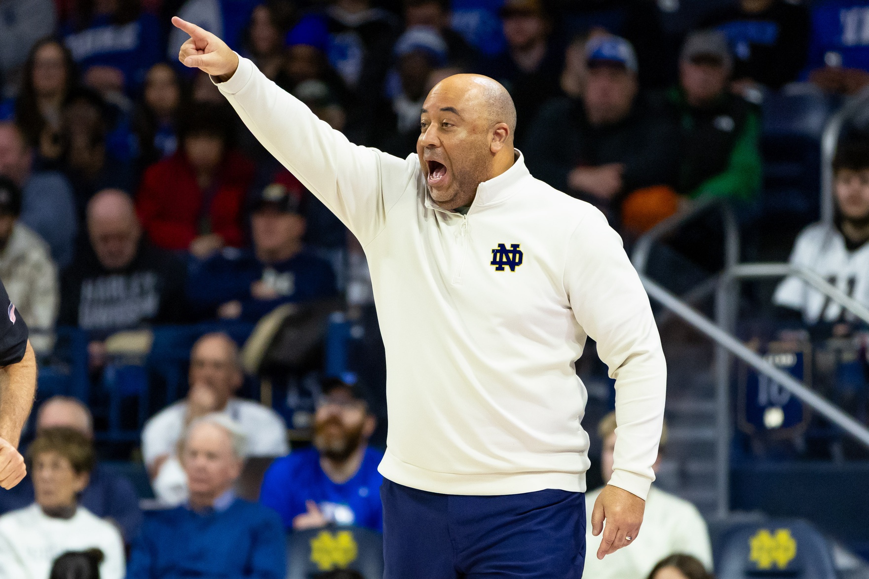 Notre Dame Fighting Irish head coach Micah Shrewsberry calls a play against the Duke Blue Devils during the first half at Purcell Pavilion at the Joyce Center.