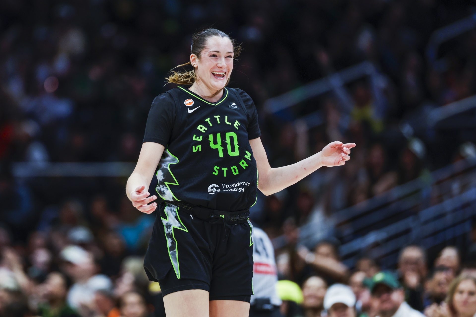 Seattle Storm forward Grace Vanslooten (40) reacts after making a three-pointer against the Golden State Valkyries during the fourth quarter at Climate Pledge Arena - Source: Imagn Images