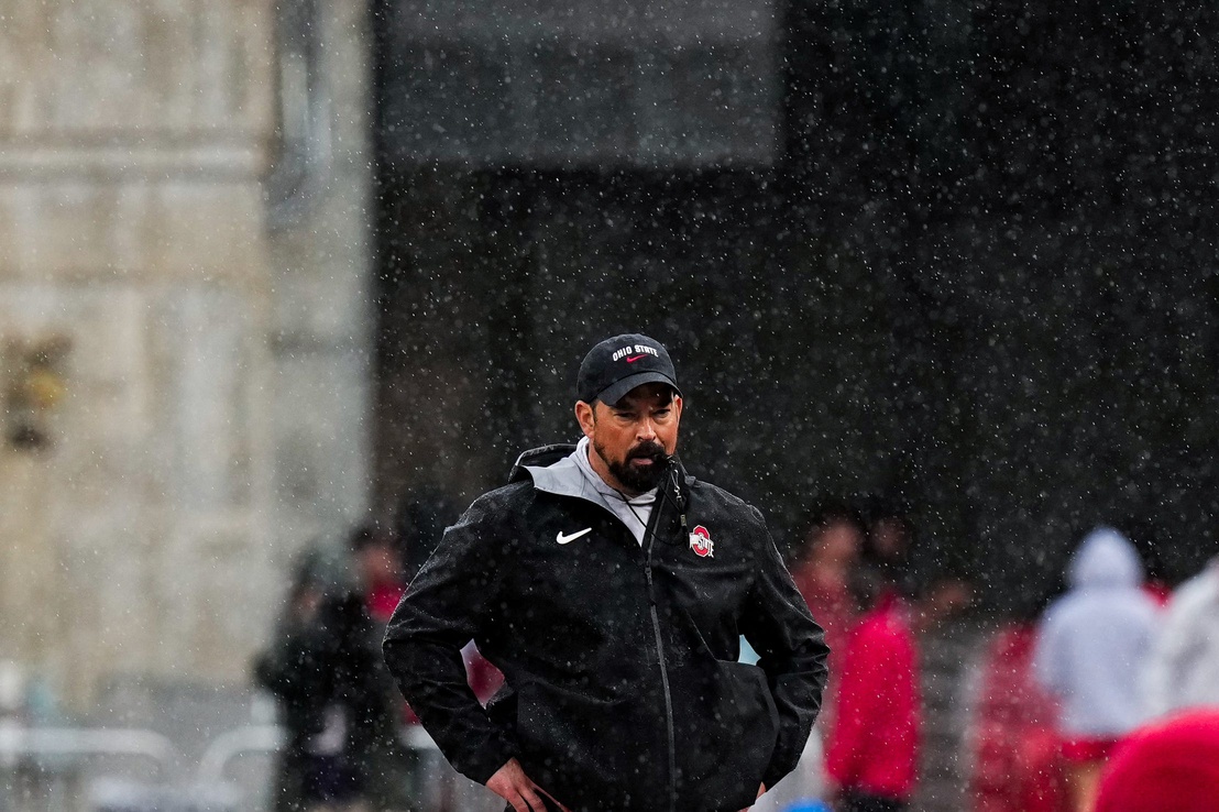 Ohio State Buckeyes head coach Ryan Day watches his players in the rain during the Ohio State football spring game at Ohio Stadium on Saturday, April 18, 2026 in Columbus, Ohio. Image Credits: IMAGN