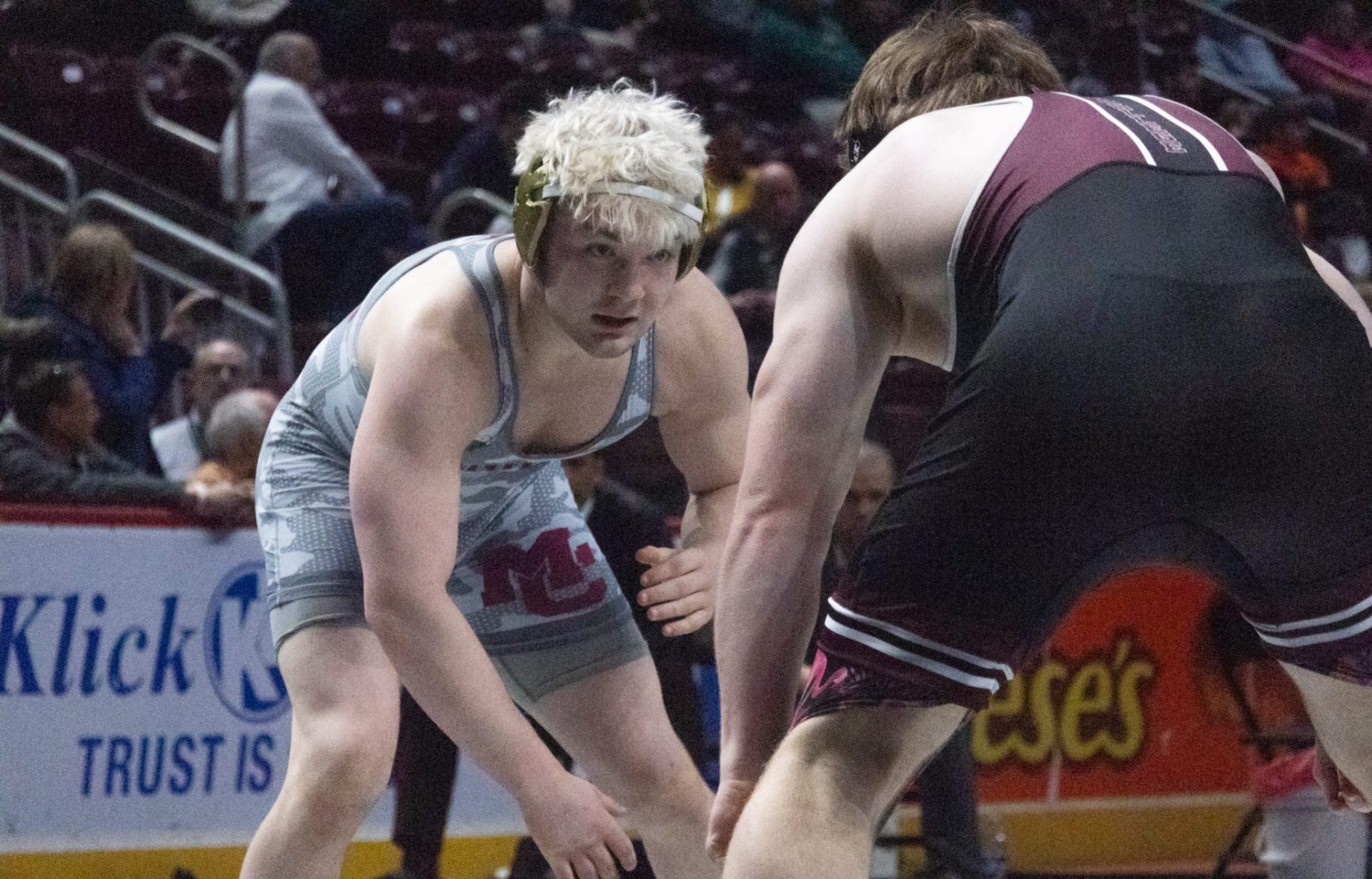 Manheim Central’s Noah Templin (left) wrestles against State College’s Noah Williams in consolations action at 189 pounds during Day 2 of PIAA Class 3A championships Friday, Mar. 6 2026 at the Giant Center in Hershey, Pennsylvania.