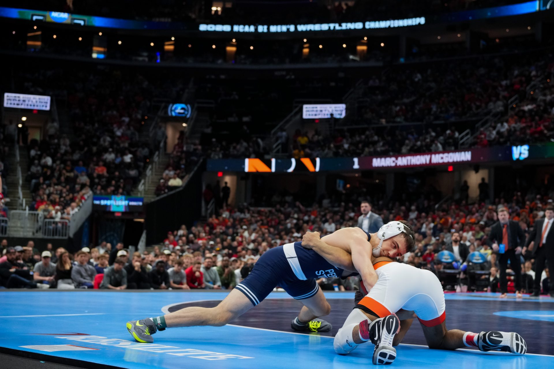 Penn State Nittany Lions Luke Lilledahl competes against Princeton Tigers Marc-Anthony McGowan during the NCAA DI Wrestling Championship at Rocket Arena.