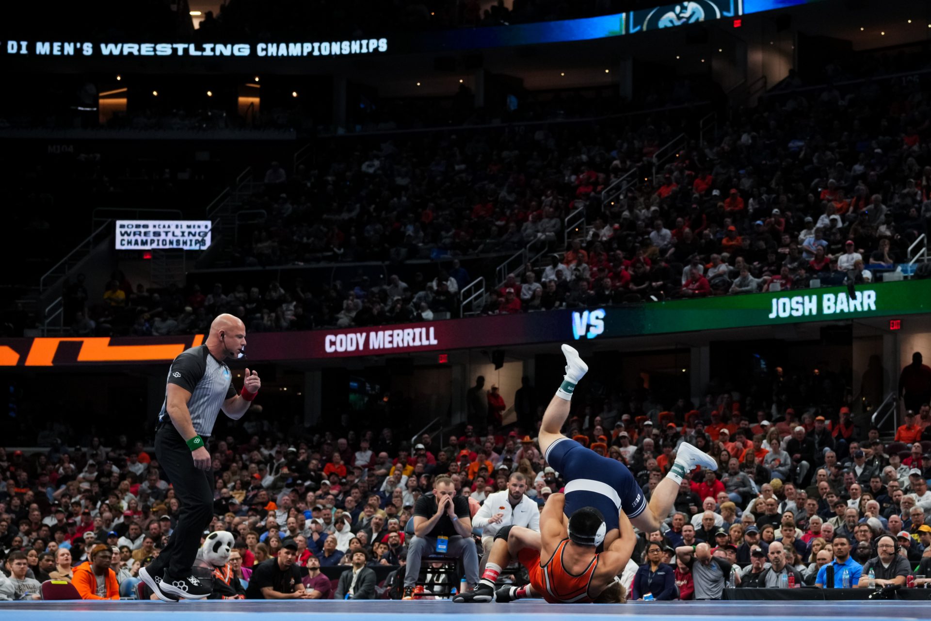 Penn State Nittany Lions Josh Barr competes against Oklahoma State Cowboys Cody Merrill during the NCAA DI Wrestling Championship at Rocket Arena.