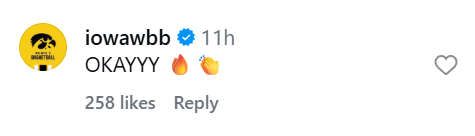 Iowa WBB page reacts to Caitlin Clark shot (source: IG/ indianafever)