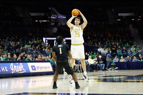 Notre Dame forward Matt Zona (25) shoots the ball as Western Carolina guard Russell Jones Jr. (1) defends during the Western Carolina-Notre Dame NCAA Menâ€™s basketball game on Saturday, November 11, 2023, at Purcell Pavilion in South Bend, Indiana.