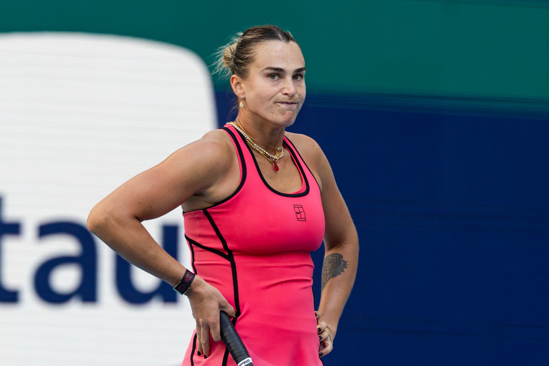 Aryna Sabalenka of Belarus looks to her team after missing a shot against Coco Gauff of the United States in the final of the women’s singles at the Hard Rock Stadium.