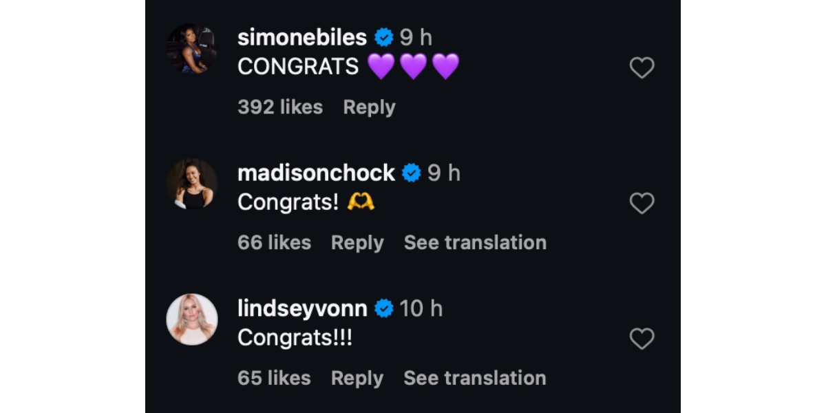 Biles, Vonn and Chock's comments on Hernandez's post (Image via Instagram/ @lauriehernandez)