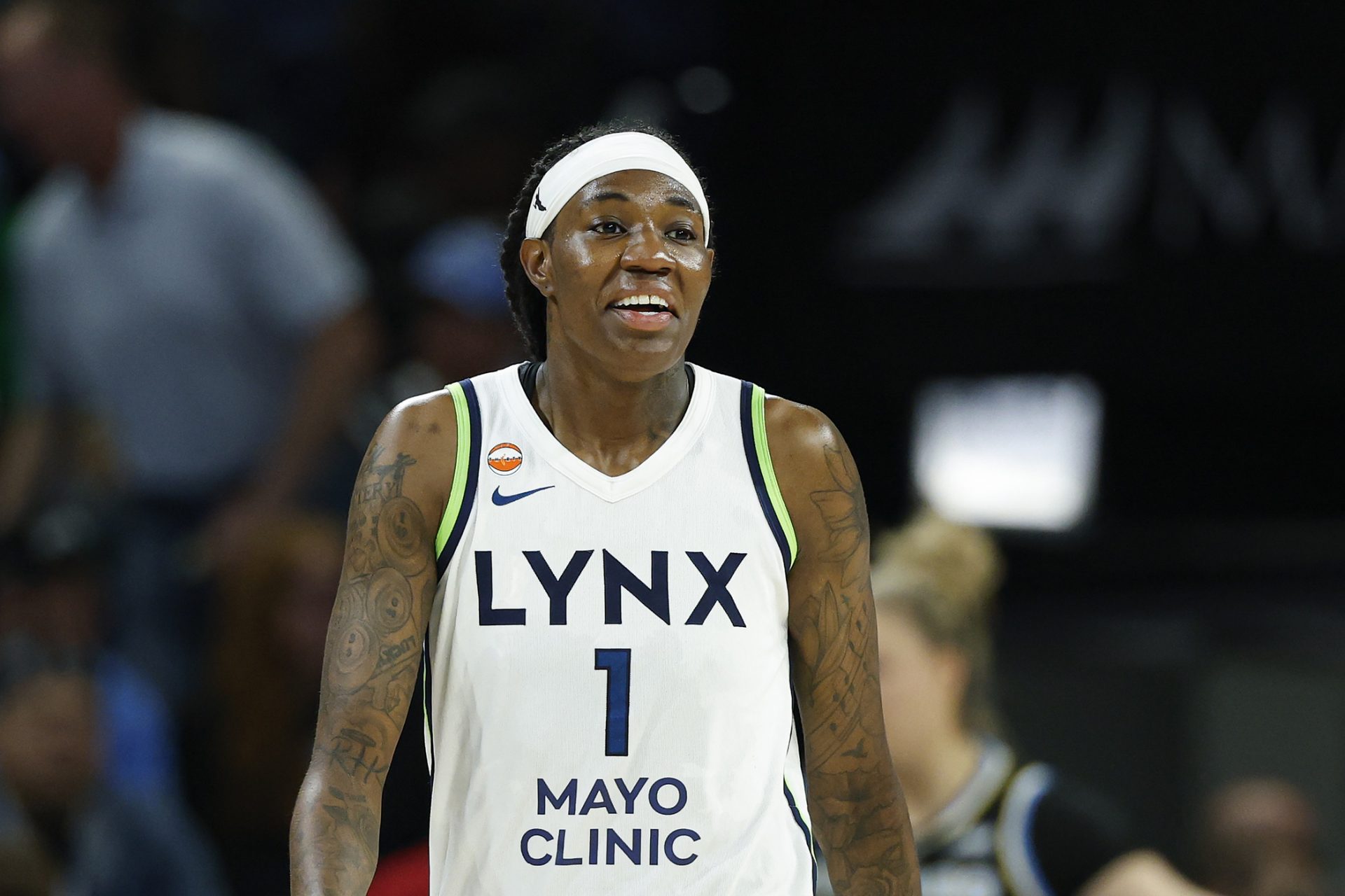 Minnesota Lynx forward Natasha Howard (1) smiles during the second half of a WNBA game against the Chicago Sky at Wintrust Arena - Source: Imagn Images