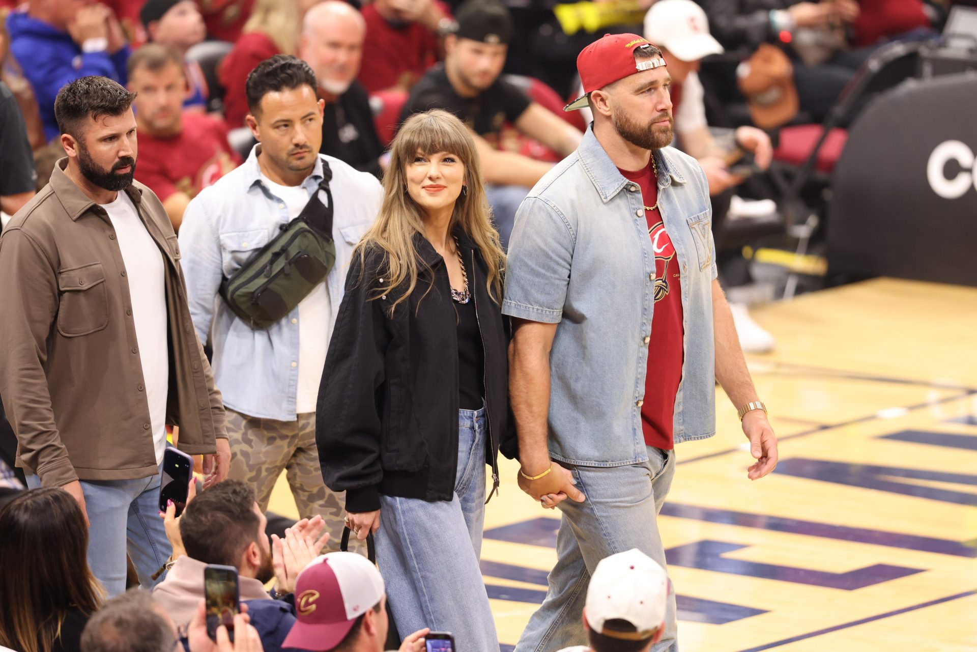 Taylor Swift and Travis Kelce during game three of the eastern conference finals for the 2026 NBA playoffs between the New York Knicks and Cleveland Cavaliers at Rocket Arena - Source: Imagn Images