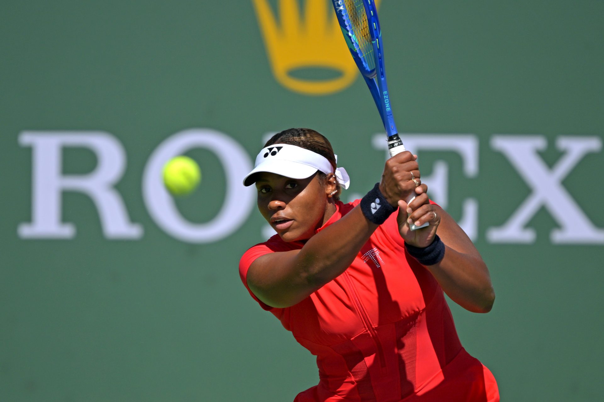 Taylor Townsend (USA) hits a shot in her first round match as she defeated Marie Bouzkova (CZE) during the BNP Paribas Open at the Indian Wells Tennis Garden.