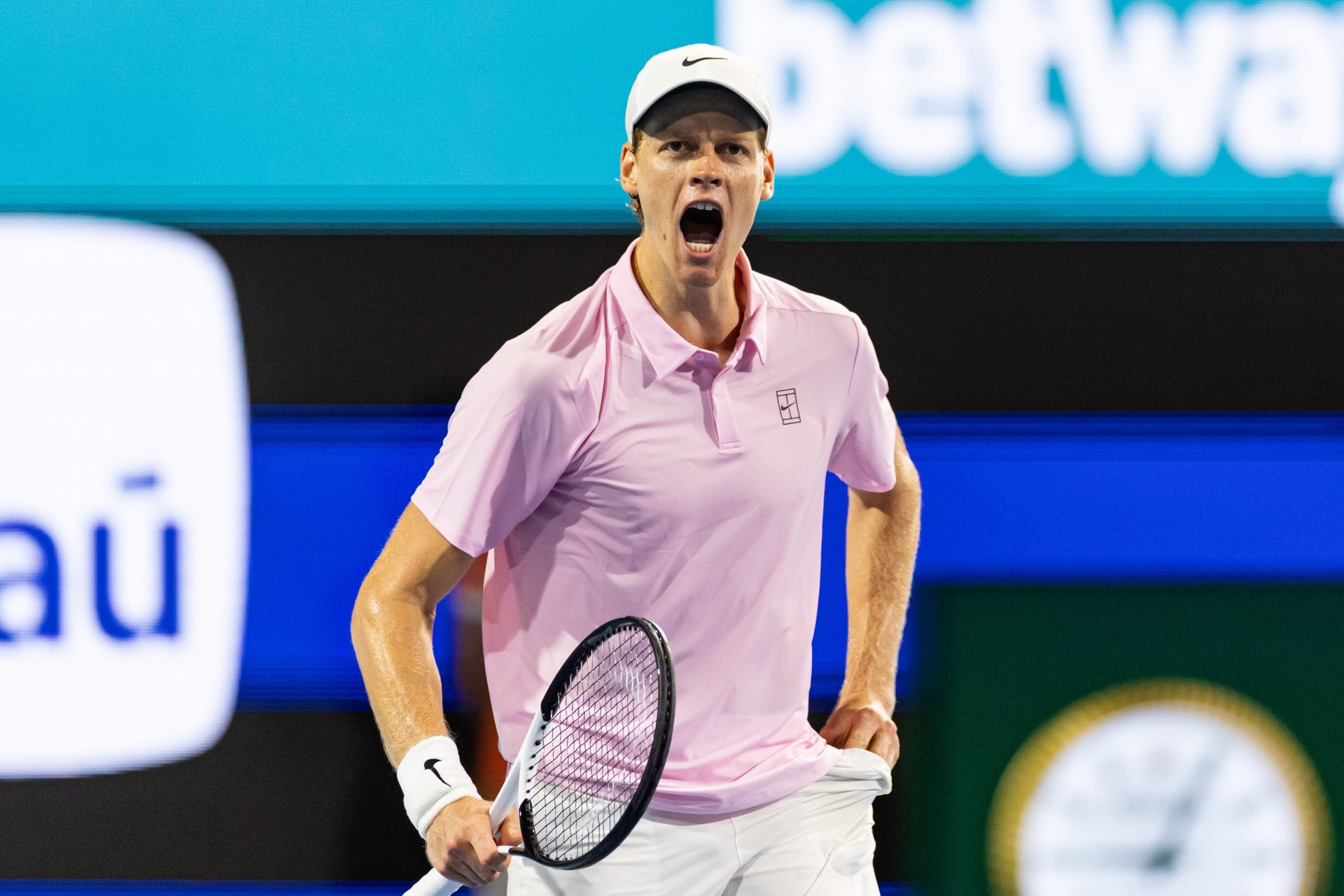 Jannik Sinner of Italy celebrates his victory over Alexander Zverev of Germany in the semi-finals of the men’s singles at the Miami Open at the Hard Rock Stadium.