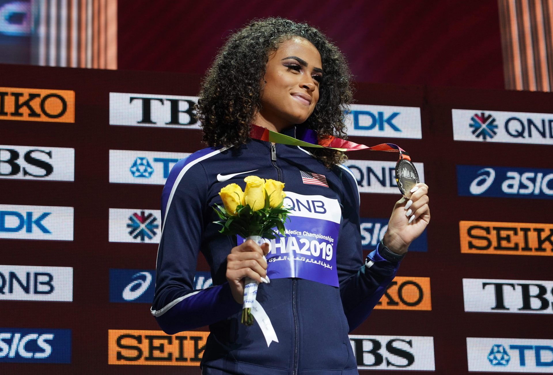 Qatar; Sydney McLaughlin (USA) poses with the silver medal after placing second in the women's 400m hurdles in 52.23 during the IAAF World Athletics Championships at Khalifa International Stadium.