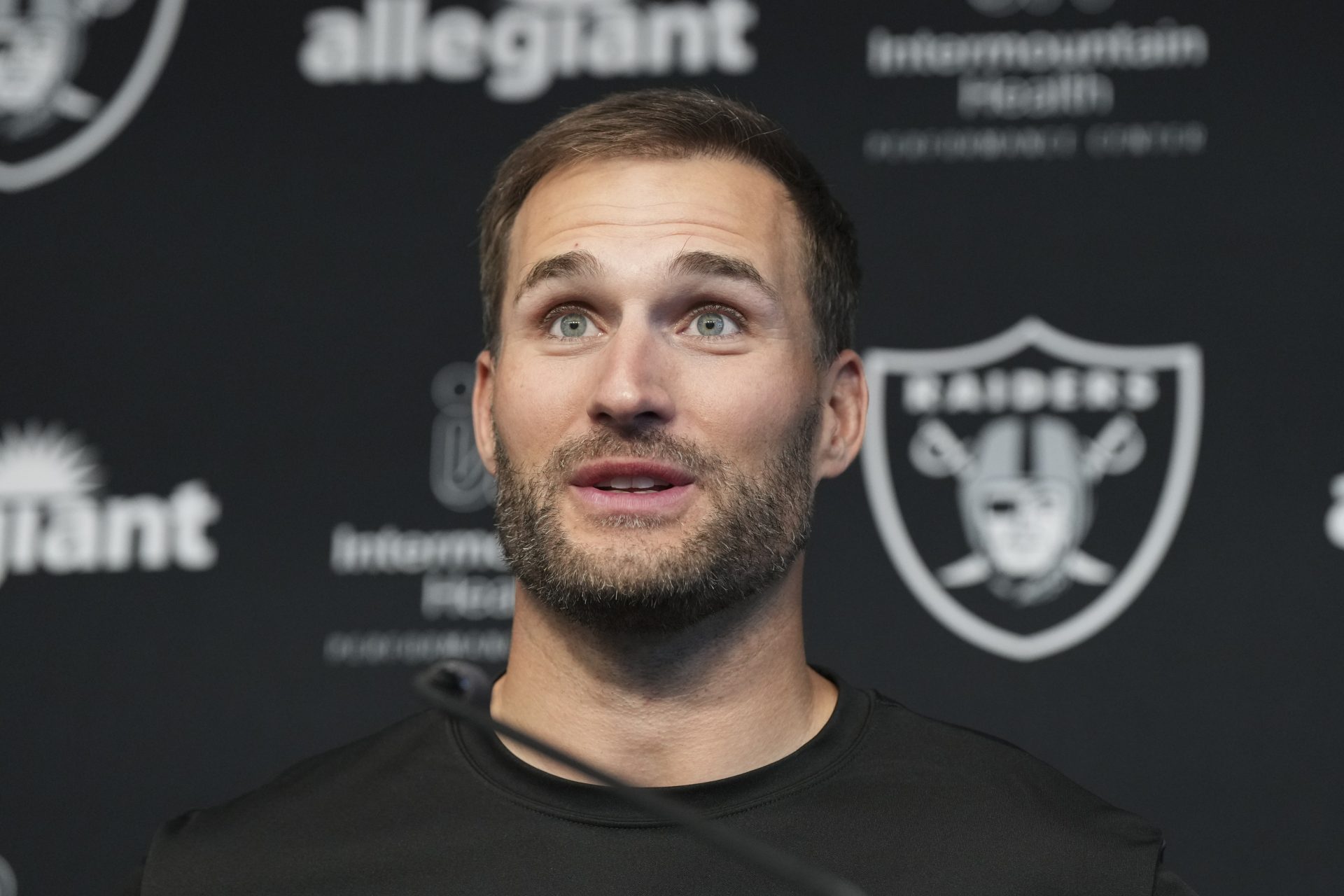 Las Vegas Raiders quarterback Kirk Cousins speaks at a  press conference at Intermountain Health Performance Center.