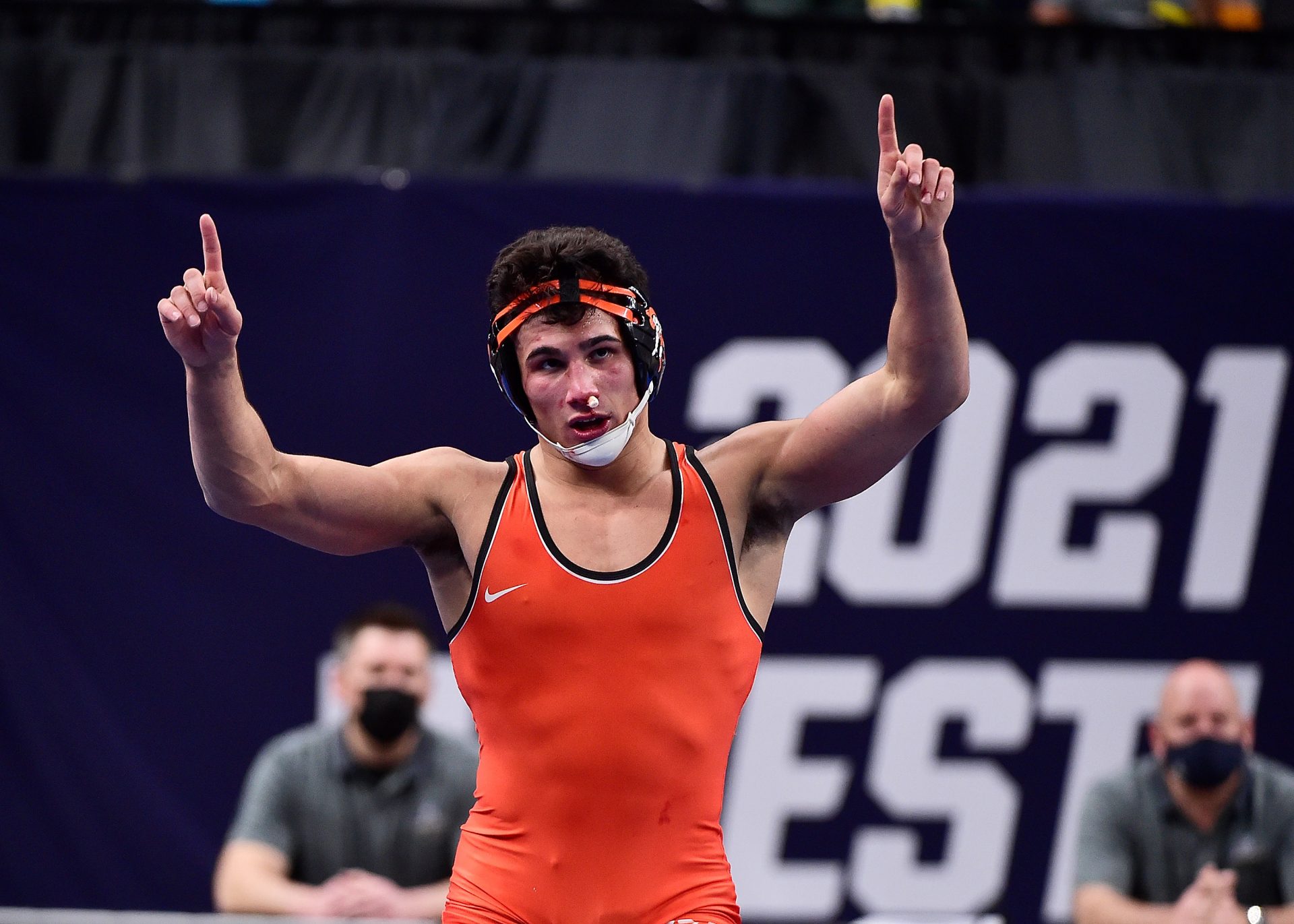Oklahoma State Cowboys wrestler AJ Ferrari celebrates after defeating Pittsburgh Panthers wrestler Nino Bonaccorsi in the championship match of the 197 weight class during the finals of the NCAA Division I Wrestling Championships at Enterprise Center.