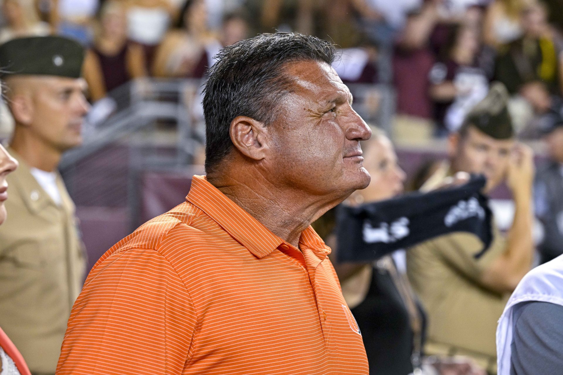 Former LSU head coach Ed Orgeron watches the game between the Texas A&M Aggies and the Miami Hurricanes during the second half at Kyle Field. Source: Imagn