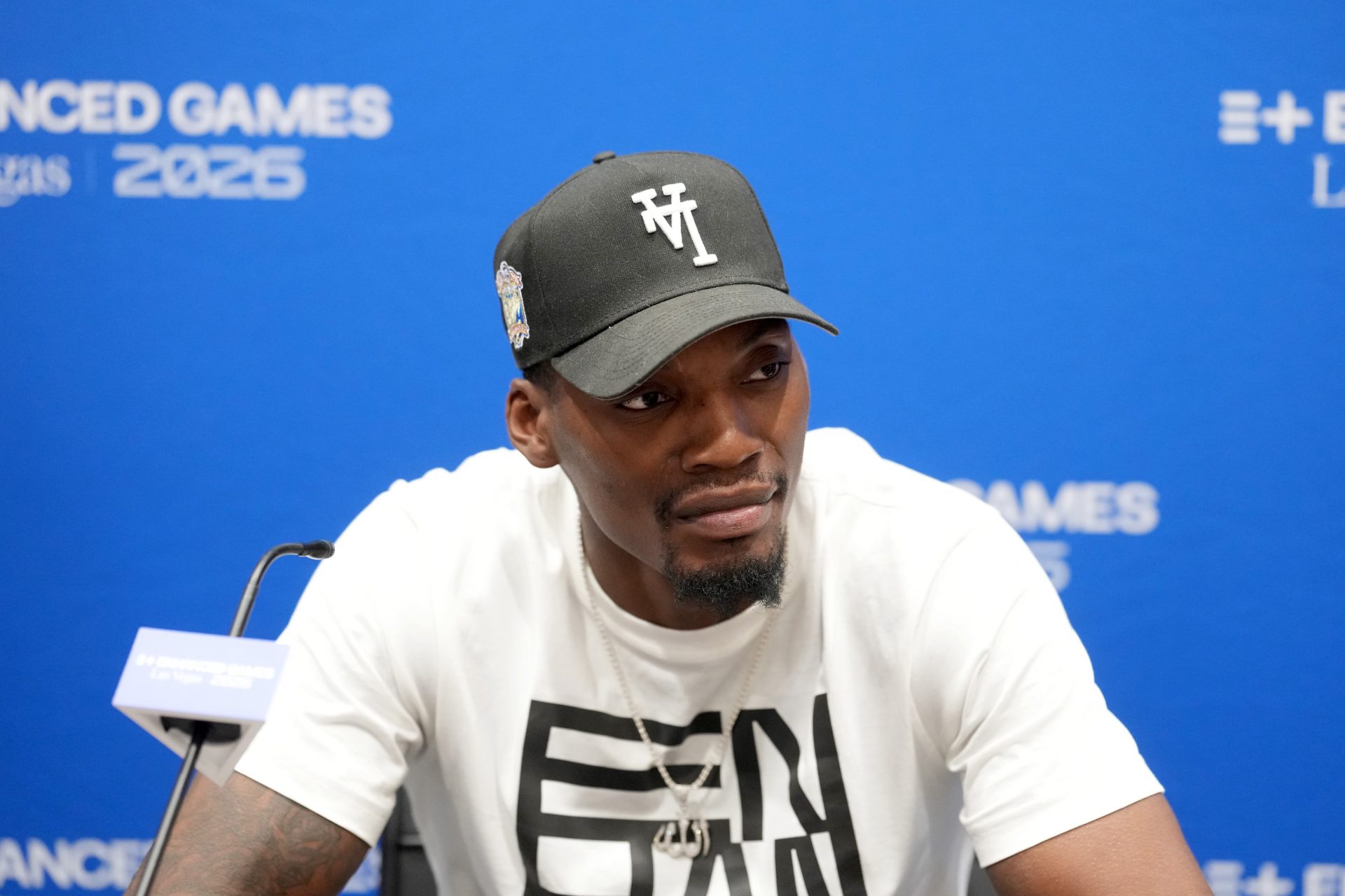 Fred Kerley (Track) at Enhanced Games press conference at Resorts World Las Vegas.
