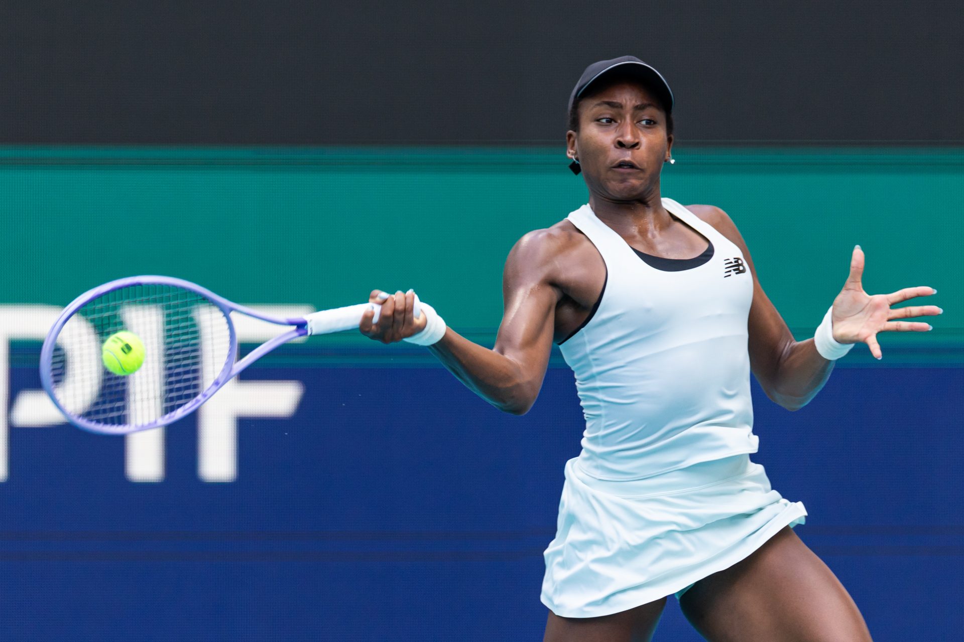 Coco Gauff of the United States hits a shot against Karolina Muchova of the Czech Republic in the semi-finals of the women’s singles at the Miami Open at the Hard Rock Stadium.