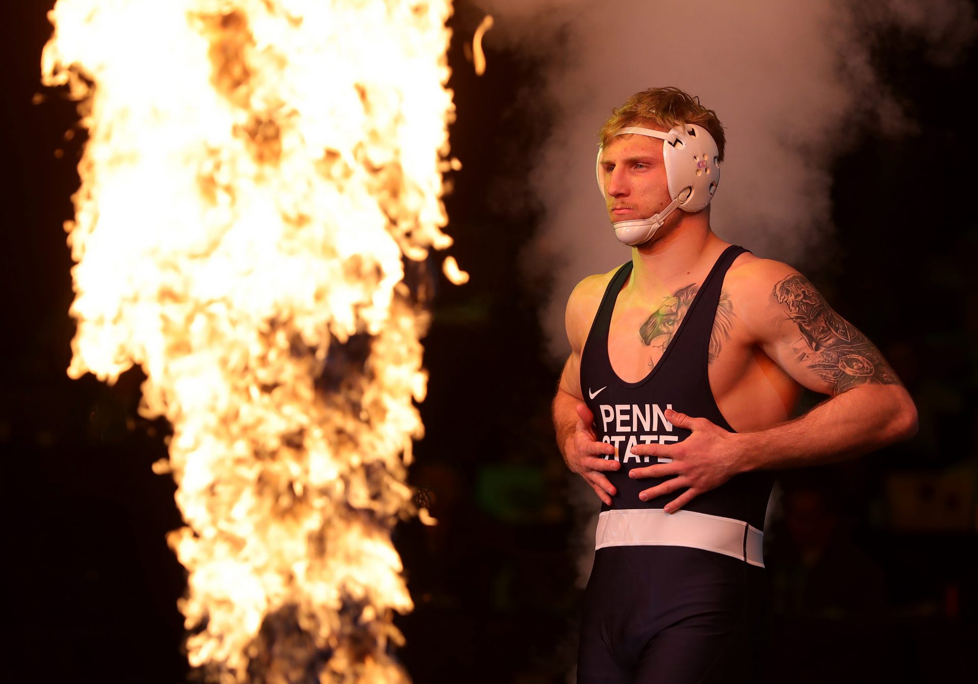 Penn State’s Josh Barr makes his entrance for the 197 pound finals match in the NCAA Division I wrestling championships at Rocket Arena, March 21, 2026, in Cleveland, Ohio.