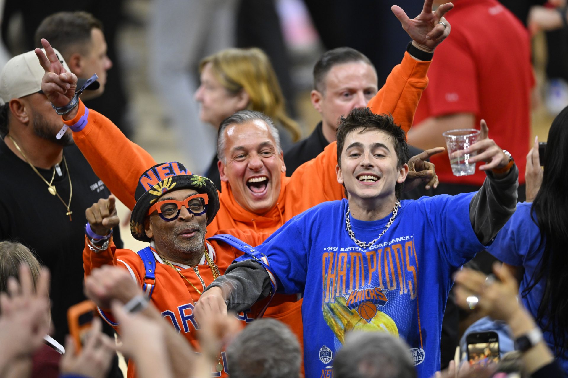 American filmmaker Spike Lee and actor Timothee Chalamet react after New York Knicks defeat the Cleveland Cavaliers in game four of the eastern conference finals for the 2026 NBA playoffs at Rocket Arena - Source: Imagn Images