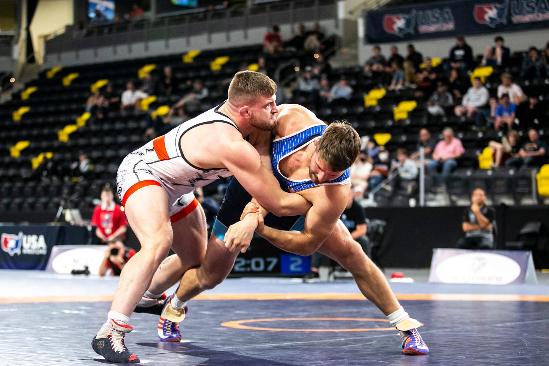 Braxton Amos, left, wrestles Haydn Maley at 97 kg during the final session of the USA Wrestling World Team Trials Challenge Tournament, Sunday, May 22, 2022, at Xtream Arena in Coralville, Iowa.

220522 World Team Wr 4 020 Jpg