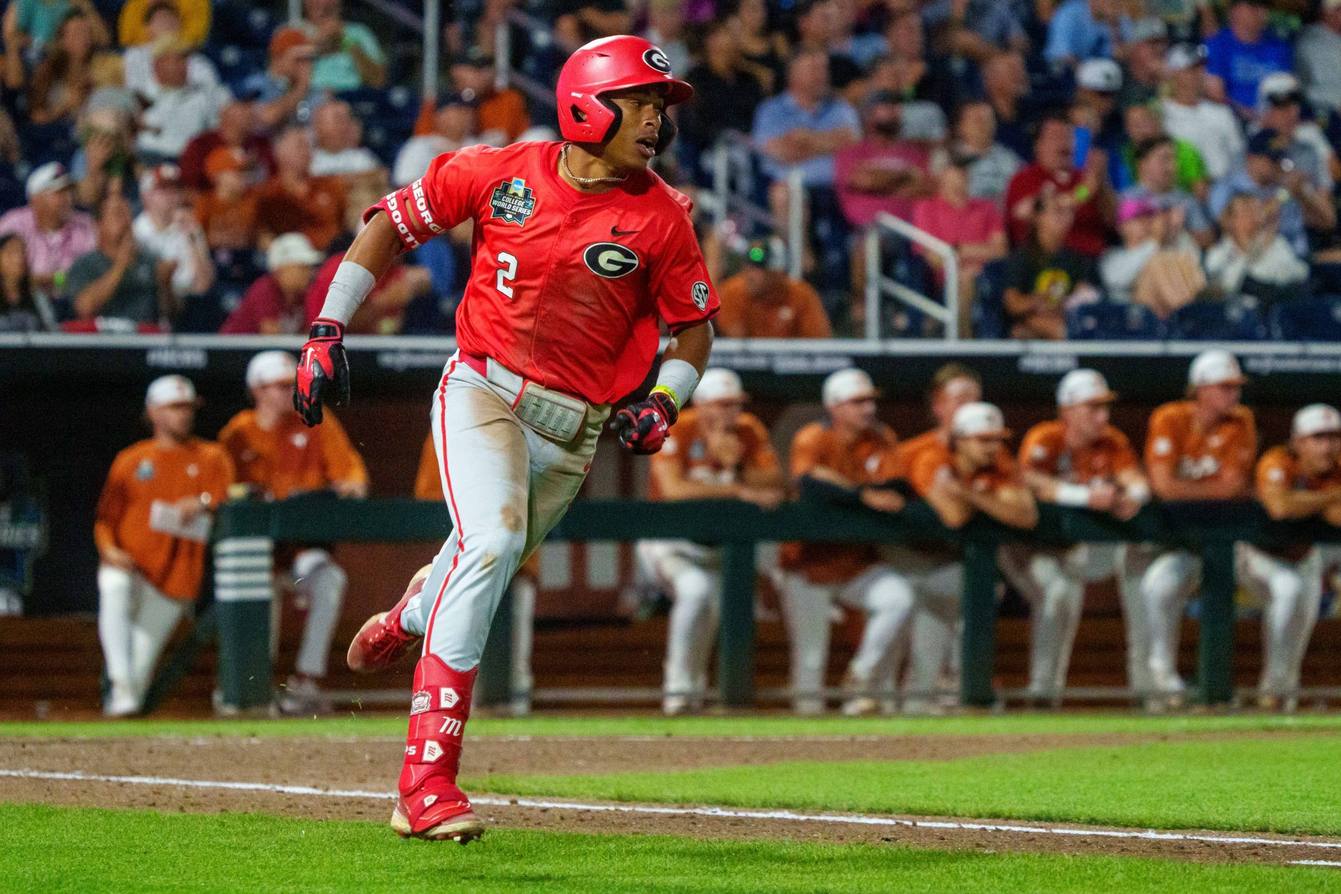 Georgia Bulldogs right fielder Ryan Black runs to first on a single against the Texas Longhorns during the ninth inning. Source: IMAGN
