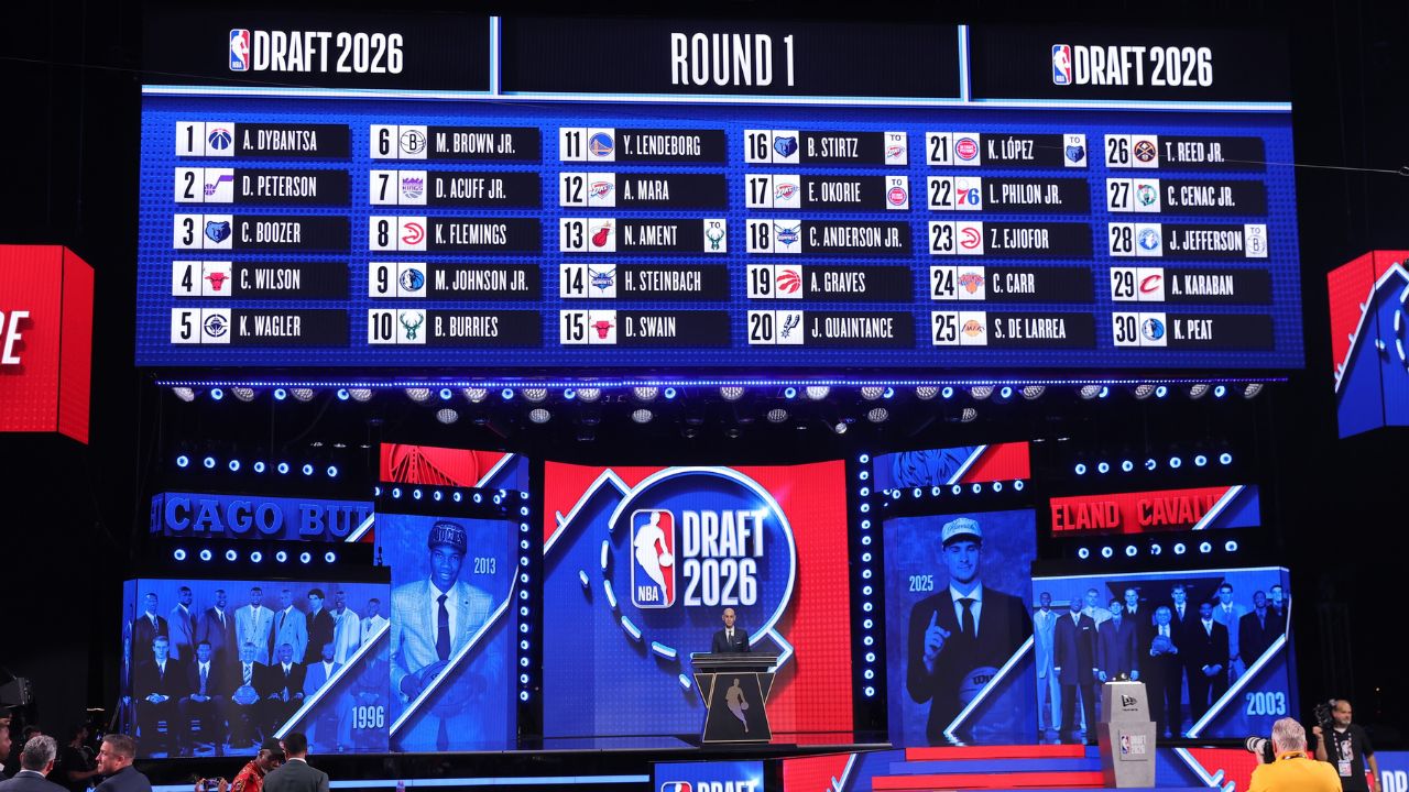 NBA commissioner Adam Silver under the board showing the 2026 NBA draft first round results at Barclays Center - Source: Imagn Images