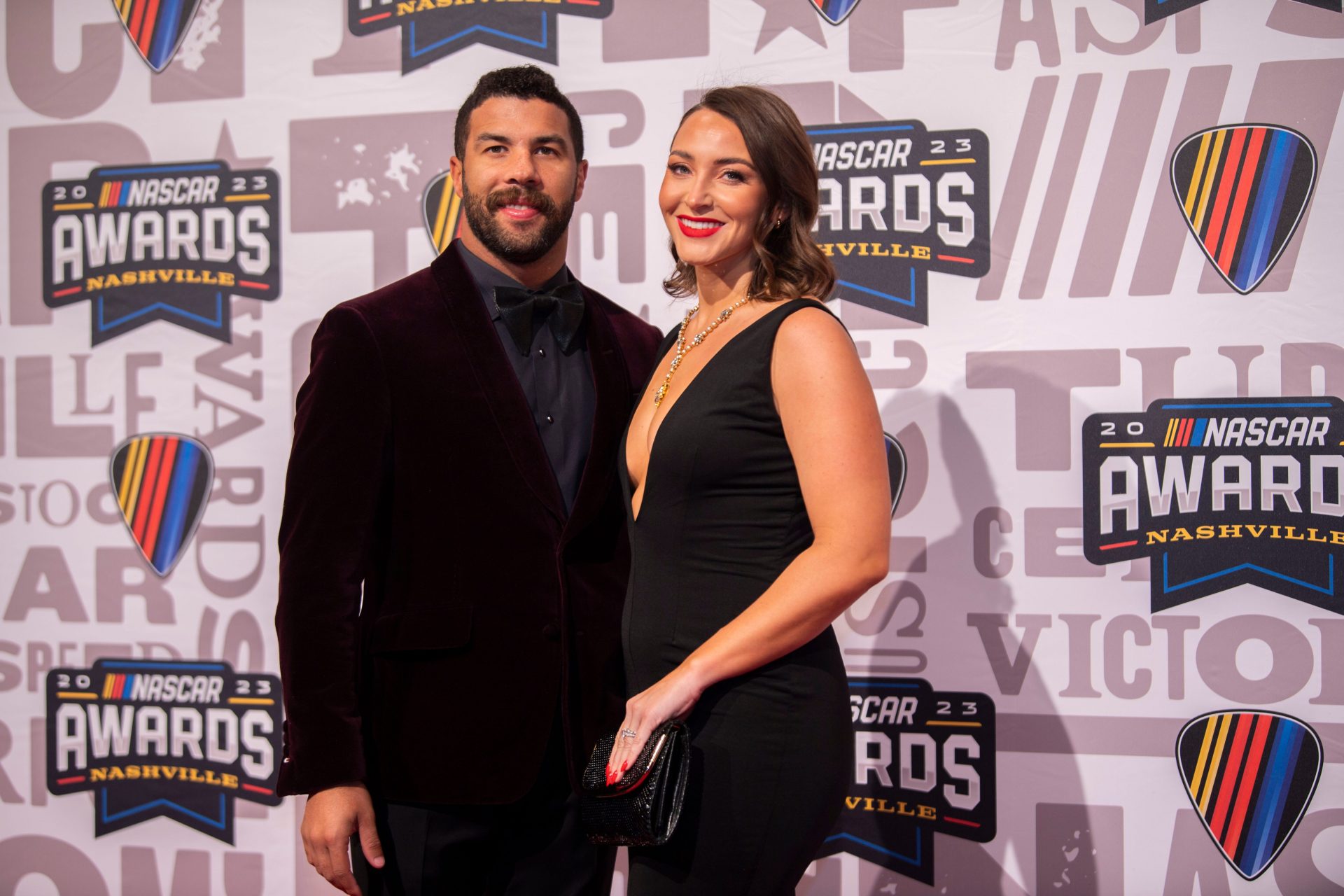 Bubba Wallace and his wife Amanda Wallace poses on the red carpet for the 2023 NASCAR Awards Banquet at the Music City Center in Nashville, Tenn., Thursday, Nov. 30, 2023.