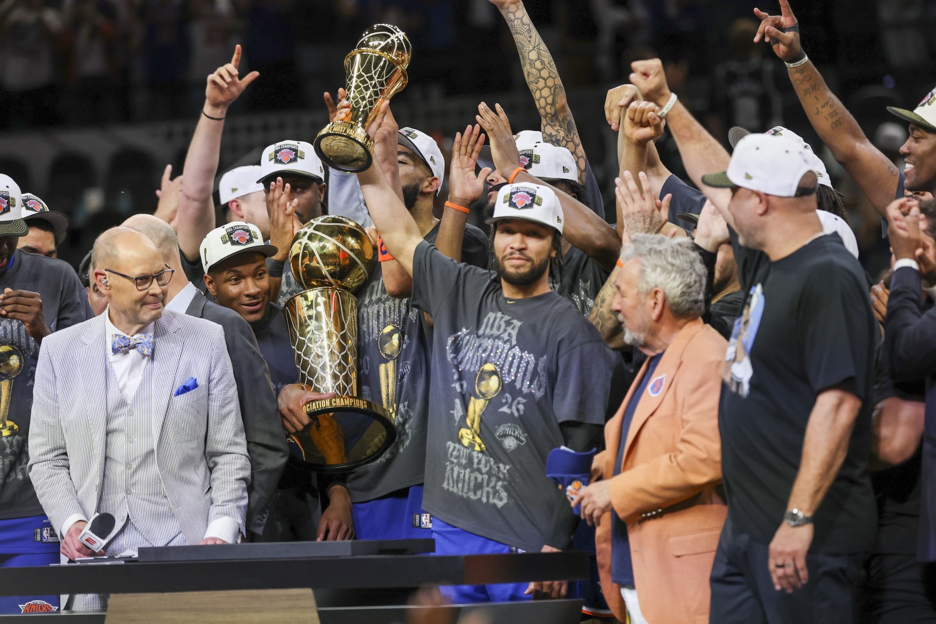 New York Knicks guard Jalen Brunson (11) celebrates with his teammates after the Knicks defeat the San Antonio Spurs during game five of the 2026 NBA Finals at Frost Bank Center - Source: Imagn Images