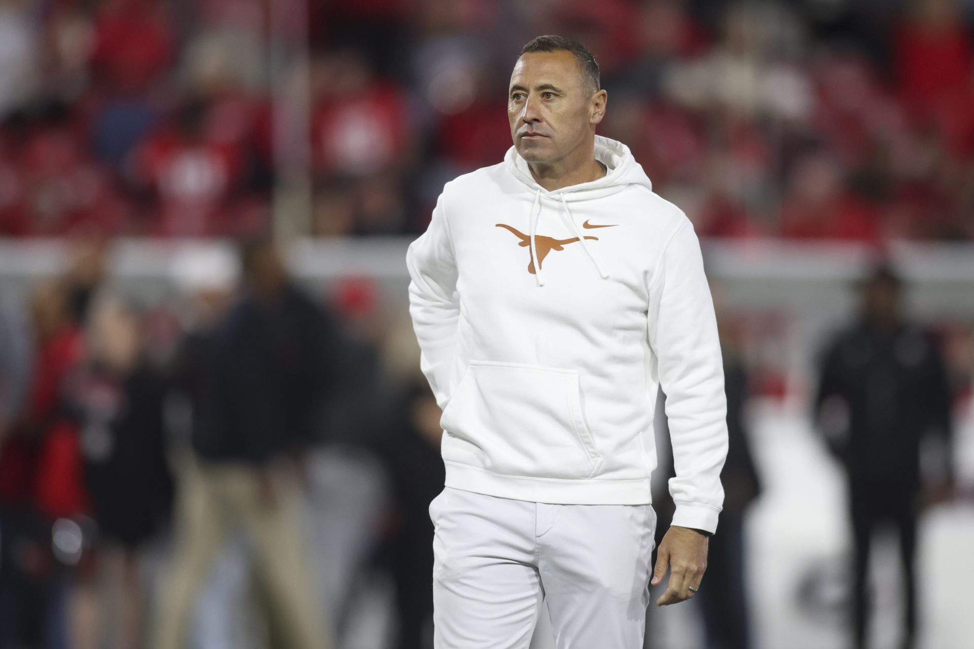 Texas Longhorns head coach Steve Sarkisian looks on prior to a game against the Georgia Bulldogs at Sanford Stadium.