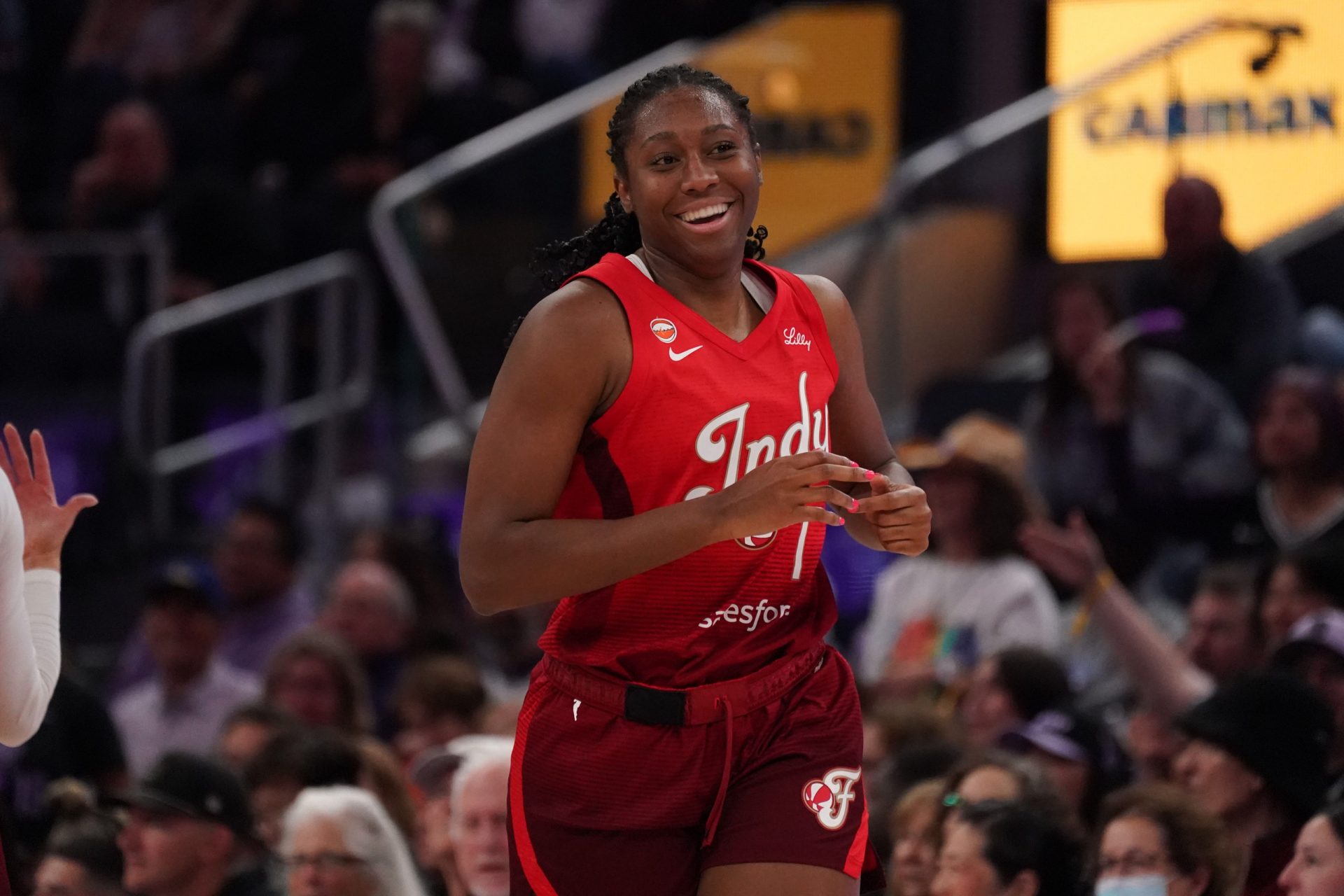 Indiana Fever center-forward Aliyah Boston (7) smiles in the third quarter against the Golden State Valkyries at Chase Center - Source: Imagn Images