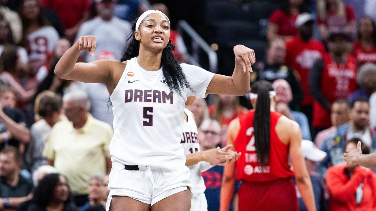 Atlanta Dream forward Angel Reese (5) celebrates a basket in the second half against the Indiana Fever at Gainbridge Fieldhouse - Source: Imagn Images