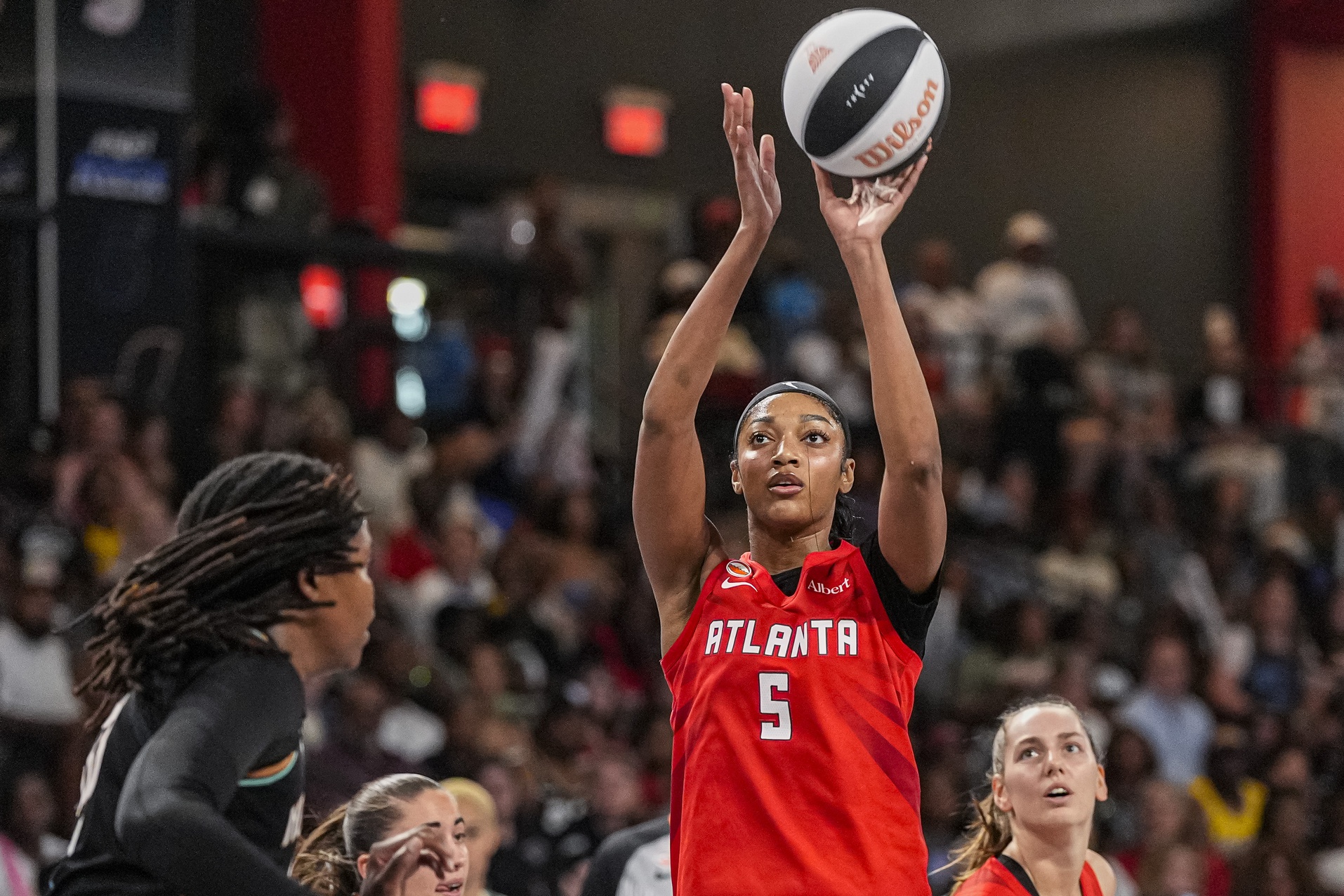 Atlanta Dream forward Angel Reese (5) shoots against the New York Liberty during the first half at Gateway Center Arena at College Park - Source: Imagn Images
