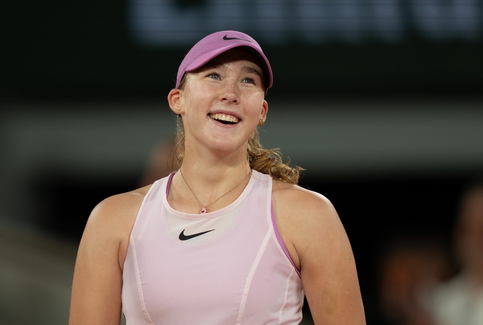 Mirra Andreeva at her interview on the court after winning  her match against Marta Kostyuk of Ukraine on day 12 at Stade Roland Garros.