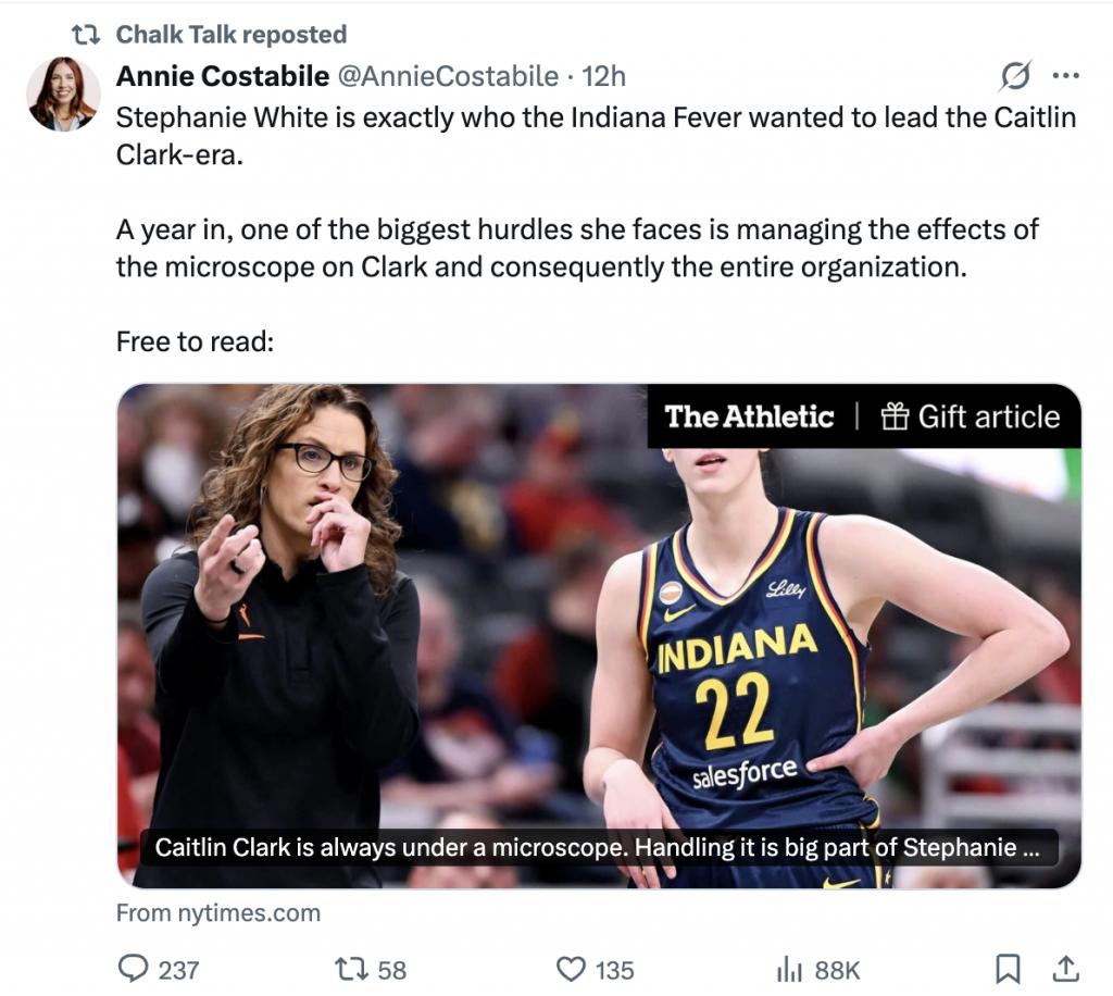 Liv Dunn retweets Annie Costabile's article on Caitlin Clark