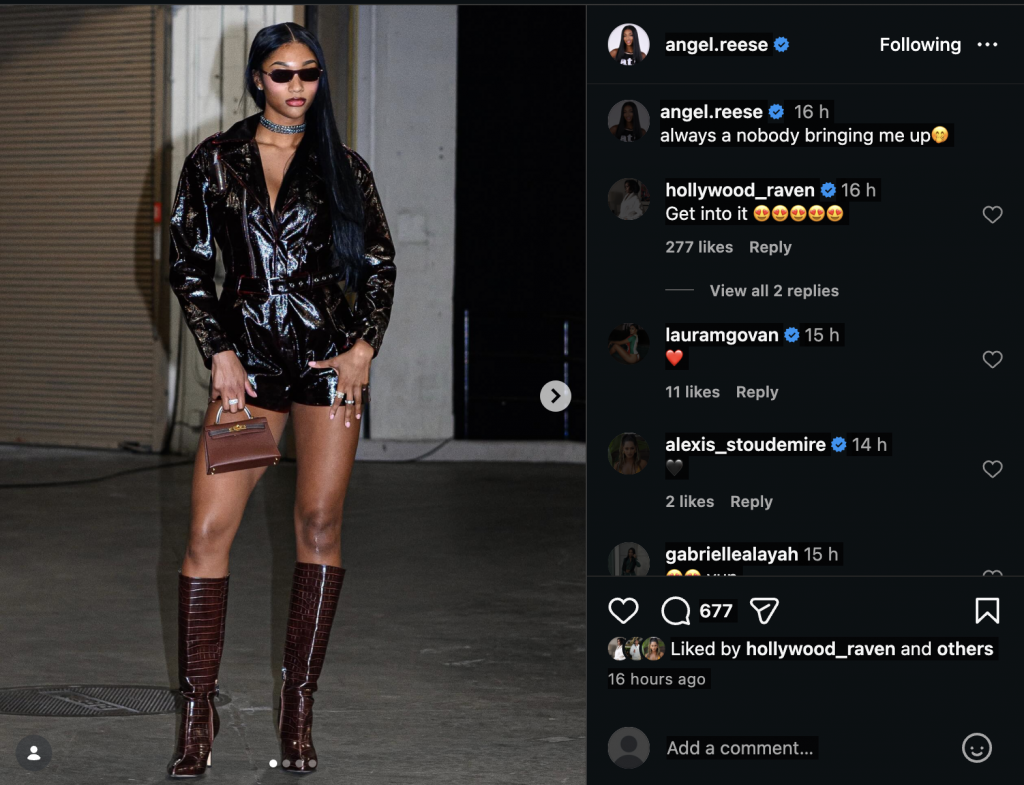 Raven Johnson comments on Angel Reese's IG post (Image via Instagram/@angel.reese)