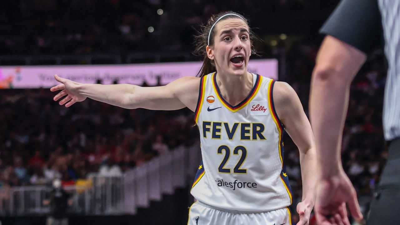 un 20, 2026; Atlanta, Georgia, USA; Indiana Fever guard Caitlin Clark (22) yells at the referee after a call during the game against the Atlanta Dream during the fourth quarter at State Farm Arena - Source: Imagn Images