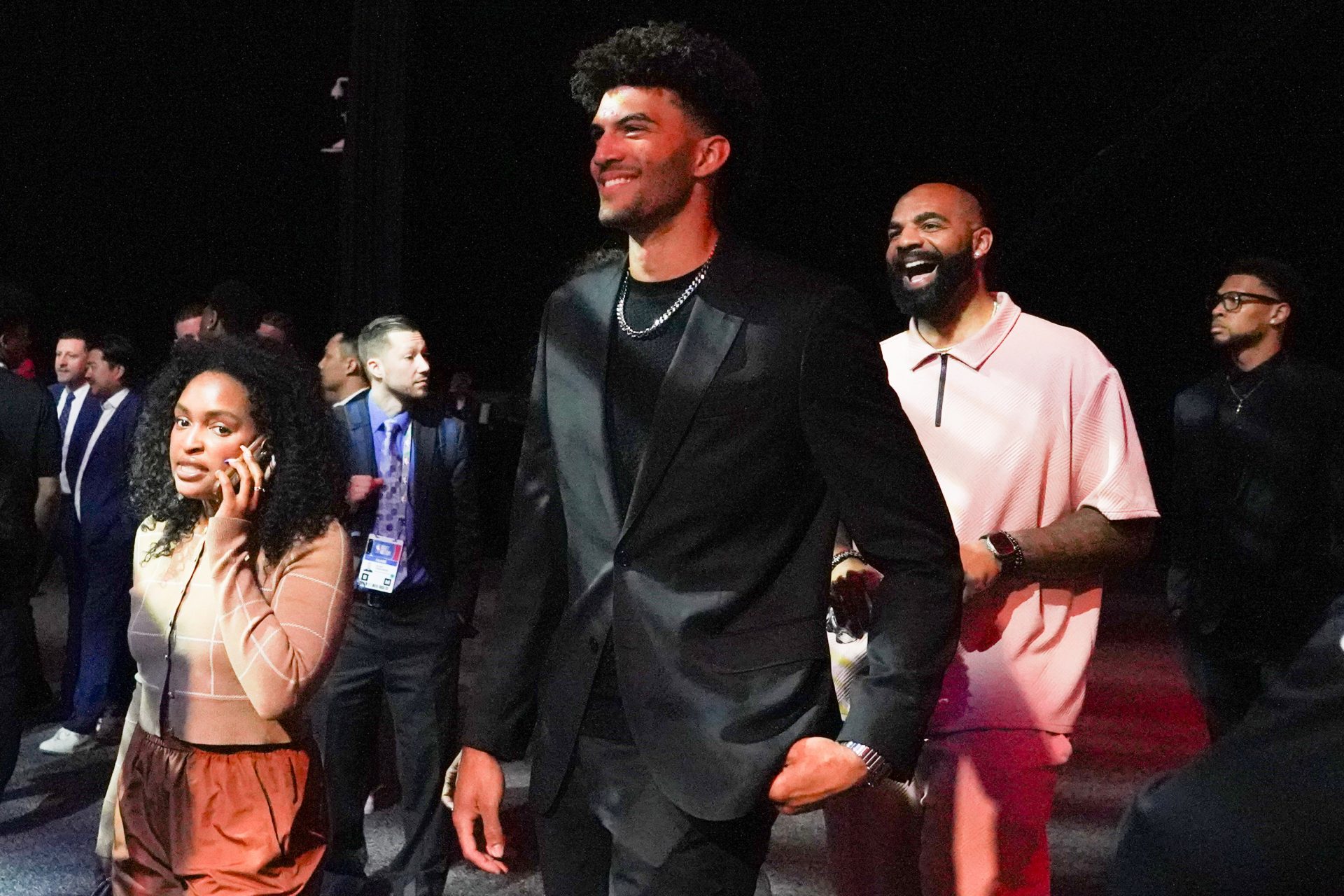 Duke's Cameron Boozer walks in with his father Carlos Boozer during the 2026 NBA Draft Lottery at Navy Pier. Source: David Banks-Imagn Images